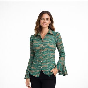 Diane von Furstenberg DVF XS Green Brown Animal Print Bell Sleeve Button Blouse
